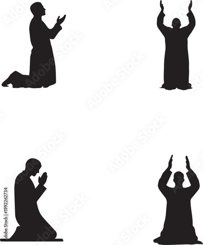 Muslim people silhouettes greeting handshake and walking together in traditional cultural attire