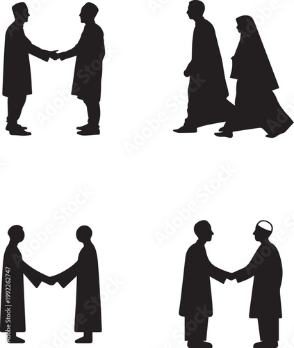 Muslim people silhouettes greeting handshake and walking together in traditional cultural attire