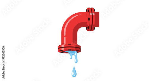 A vibrant red industrial elbow pipe exhibits a persistent water leak with large blue droplets falling from its bolted flange against a white background.