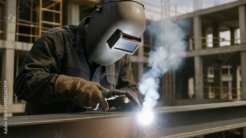 A skilled welder works on a metal beam at a construction site. Sparks fly as he builds new structures.