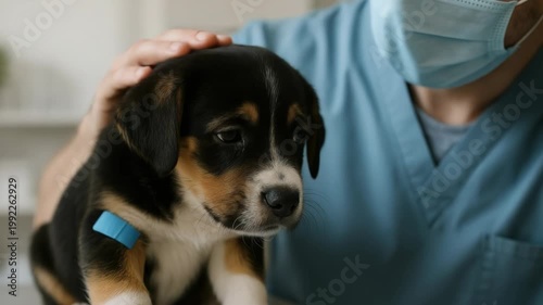 A caring veterinarian comforts a sad puppy during a check-up. The tricolor dog wears a blue band on its leg.