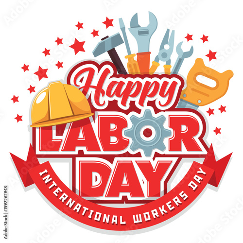 May day greeting card template. Happy Labor Day lettering with helmet and tool wokers kit. Vector on transparent background