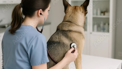 A veterinarian performs a health check-up on a German Shepherd dog. She uses a stethoscope to listen to the pet's heart.