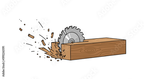 A powerful silver circular saw blade slices through a solid wooden timber beam creating a dynamic spray of brown wood chips and sawdust particles.
