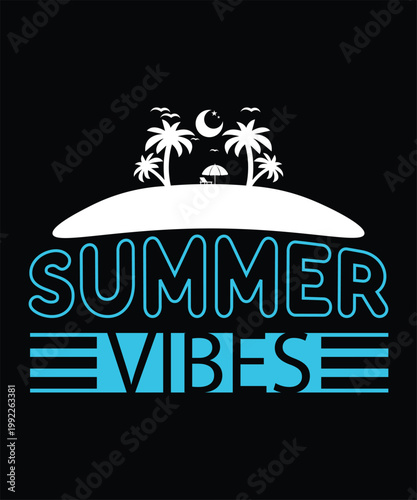 Summer Vibes Tropical Island Silhouette with Palm Trees and Moon Graphic