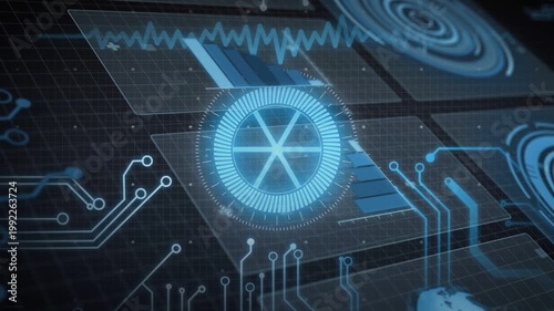 Central holo dial powering, emitting pulses, lighting circuits, bars rising, showing system status