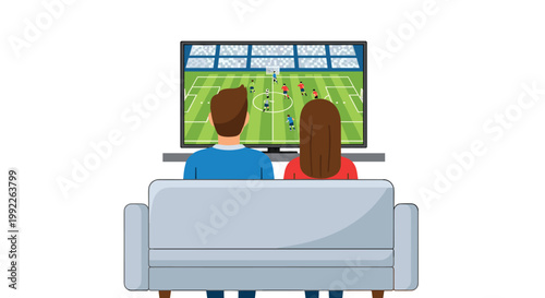 A man and a woman sit on a grey sofa from a back view watching a soccer match on a large television in a cozy living room.
