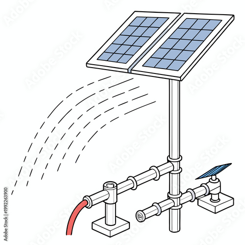 A vector graphic illustration of a solar powered water pump system with two solar panels