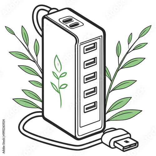 Photos A vector graphic illustration of a portable power bank with a green leaf design