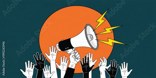 Protest Crowd Megaphone Vector with Raised Hands Lightning Speaker for Demonstration Activism Freedom Voice and Social Movement Design