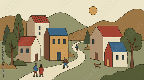 Minimalist illustration of a peaceful village with houses, people, and nature