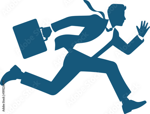 Running businessman silhouette with briefcase sprinting on white background