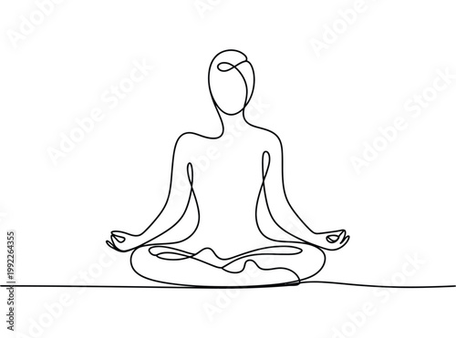 Continuous line drawing of a person meditating in lotus position with hands in mudra gesture isolated on white background