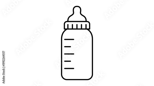 Minimalist Baby Bottle Vector Icon with Editable Stroke; Clean Black Line Illustration of an Infant Feeding Bottle with Measurement Markings and Nipple for Newborn Care, Parenting, and Baby Gear.
