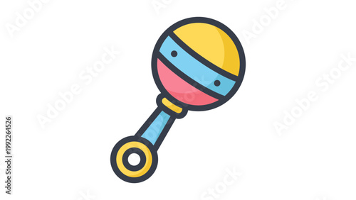 Baby Rattle: A modern flat vector icon on a white background representing a colorful baby rattle with a round head and handle, perfect for nursery, childhood, and parenting themed designs and apps.