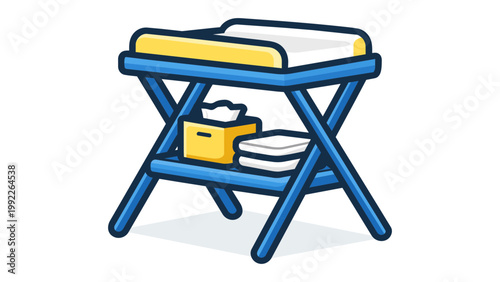 Modern flat vector icon of a baby changing table with a blue folding frame, yellow storage box, and white diapers on a white background. Clean minimalist illustration for nursery and childcare.