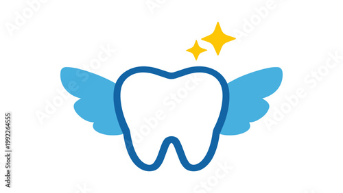 Tooth Fairy Icon: A modern flat vector illustration of a clean white tooth with blue wings and yellow sparkles, symbolizing dental care, pediatric dentistry, and oral hygiene on white background.