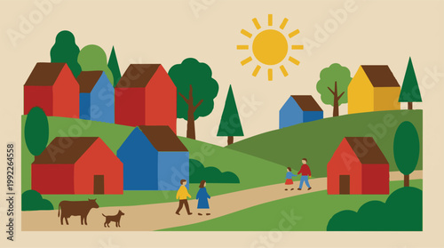 Flat design village scene with houses, families, pets, and trees