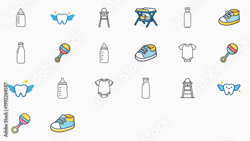 21 Hand-Traced Vector Icon Set Bundle with Editable Stroke. Minimalist Line Art Collection featuring Baby Bottle, Rattle, Onesie, Shoe, High Chair, Changing Table, Milk Bottle, and Tooth Fairy.
