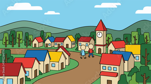 Colorful cartoon village illustration with houses, a clock tower, and people