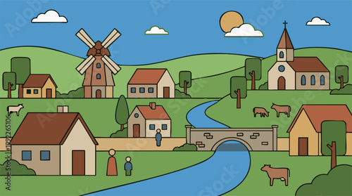 Flat design village landscape with houses, windmill, church, river, and cows