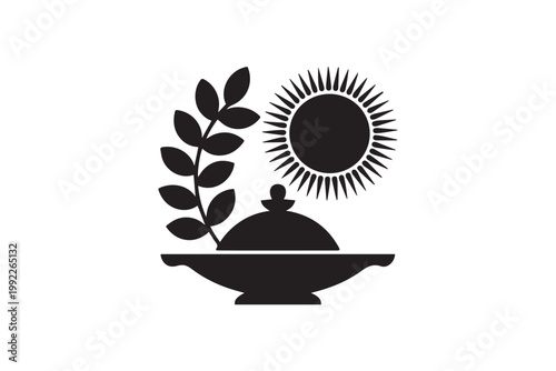 Traditional Indian festival symbol of sun, leaves, and a serving dish with a lid, black silhouette design.