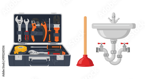 A comprehensive collection of professional plumbing equipment including a multi-tool black case and a red rubber plunger rests against a clean white background.
