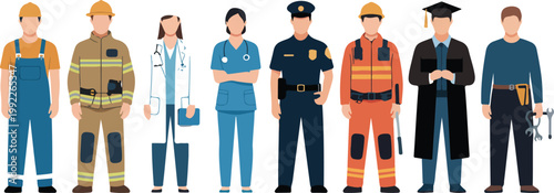 Professional Workers Lineup Flat Vector  Construction, Healthcare, Emergency & Service Jobs