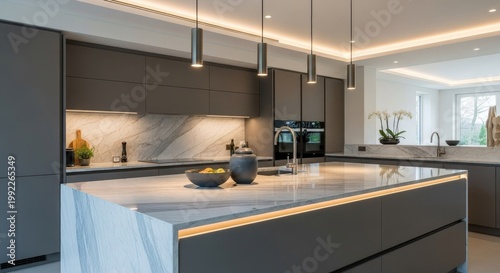 Modern kitchen interior with island and overhead lighting contemporary design
