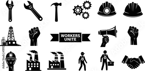 Black and white illustration of various labor union and industry related icons on white background