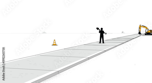 A lone construction worker silhouette holding a shovel stands on a gray concrete walkway extending toward a yellow excavator in a vast white landscape.