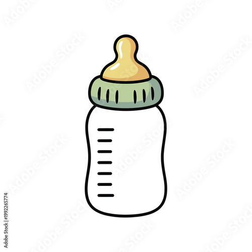 A colorful cartoon illustration of a baby bottle with a nipple