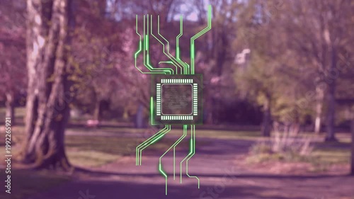 Microchip reticle appearing over park path, extending neon-green traces and visualizing tech