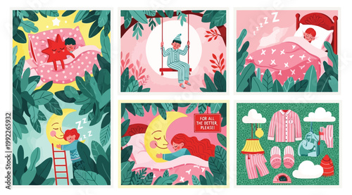 Collection of childrens bedtime illustrations featuring kids sleeping, dreaming, and pajamas