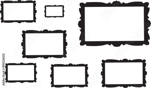 Ornate set of vintage photo frames featuring antique vector borders and retro grunge design elements for a blank decorative art collection.