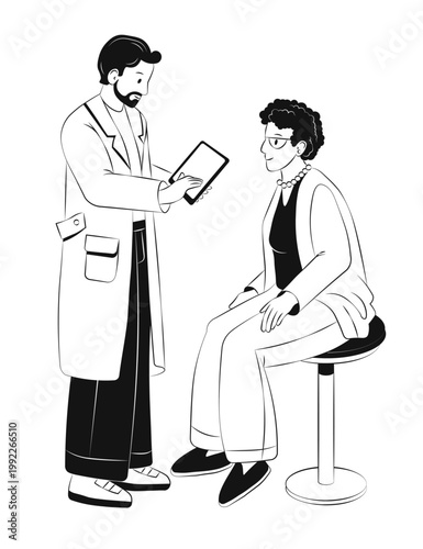 Doctor with tablet showing test results to female patient during medical checkup minimalist black and white illustration