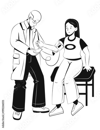 Senior male doctor measuring blood pressure of teenage girl during medical checkup