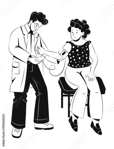 Male doctor measuring blood pressure of female patient during routine checkup minimal black and white illustration