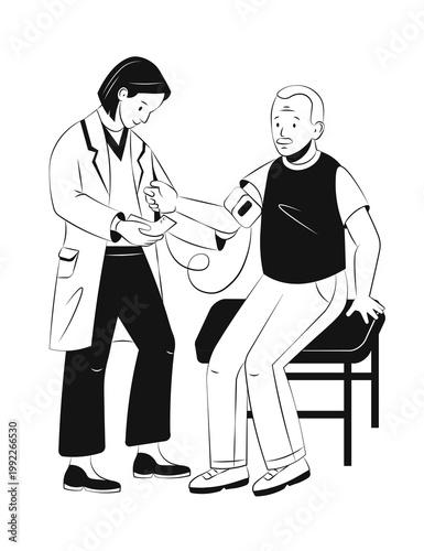 111Female doctor measuring blood pressure of senior male patient