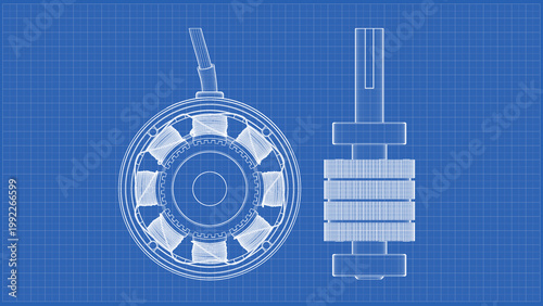 AC Stepper Motor for CNC - Drawing. 3D rendering isolated on blue background. 3D Mesh, Sketch, Vector style. Ideal for educational, engineering, and industrial design.
