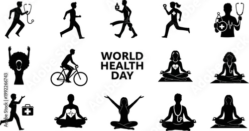 World Health Day silhouettes of people exercising and practicing yoga with medical symbols