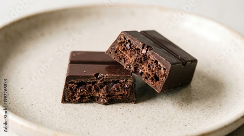 Chocolate bar broken in half showing texture dessert concept