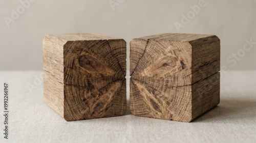 Wooden block cut in half showing natural texture material concept