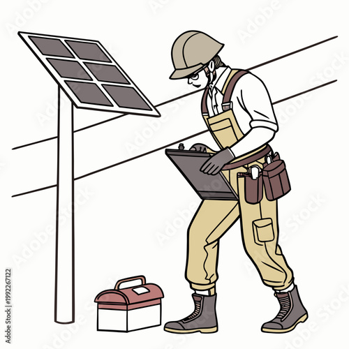 A technician in a hard hat and overalls inspecting a solar panel with a clipboard