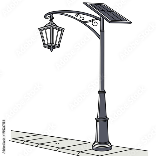A vector graphic illustration of a solar powered street lamp on a sidewalk
