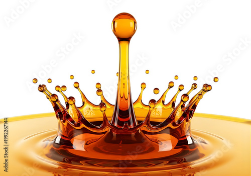 Dynamic honey splash isolated on white background, golden liquid crown with droplets