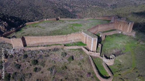 Aerial view from a drone of the landscape at Montalban Castle in San Martin de Montalban, Toledo Province, Castile-La Mancha, Spain, Europe