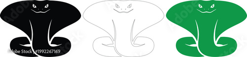 Set of Three Minimalist Cobra Snake Vector Icons in Black White and Green
