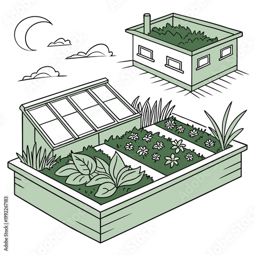 A vector graphic illustration of two green garden boxes with plants and a greenhouse effect