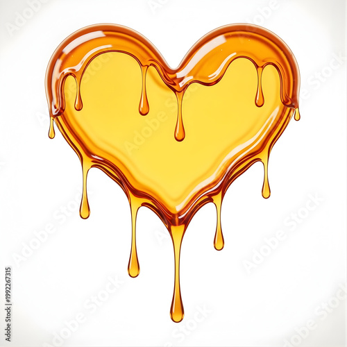 Golden honey dripping heart shape on white background
